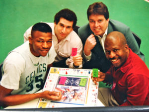 Reggie Lewis Tony Bennis Jack Farrell Jimmy Myers set to launch NBAopoly in April 1993 photo by Jennifer Schumacher